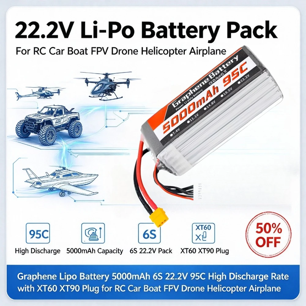 แบตเตอรี่ลิโพกราฟีน 5000mAh 6S - 6S Lipo Battery 22.2V 5000Mah บทวิจารณ์และราคา